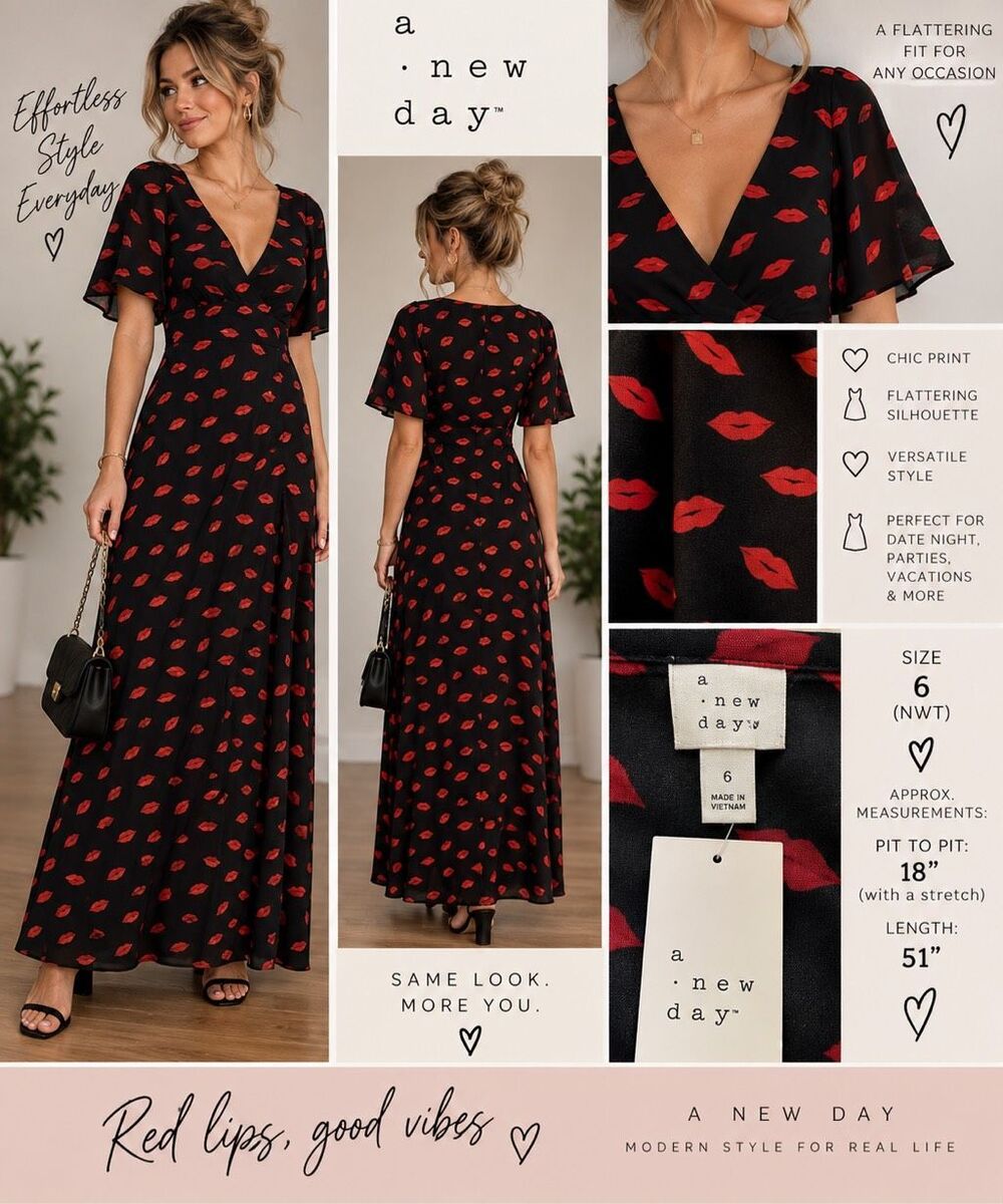 A New Day Black Red Lips Print Maxi Dress Size 6 NWT